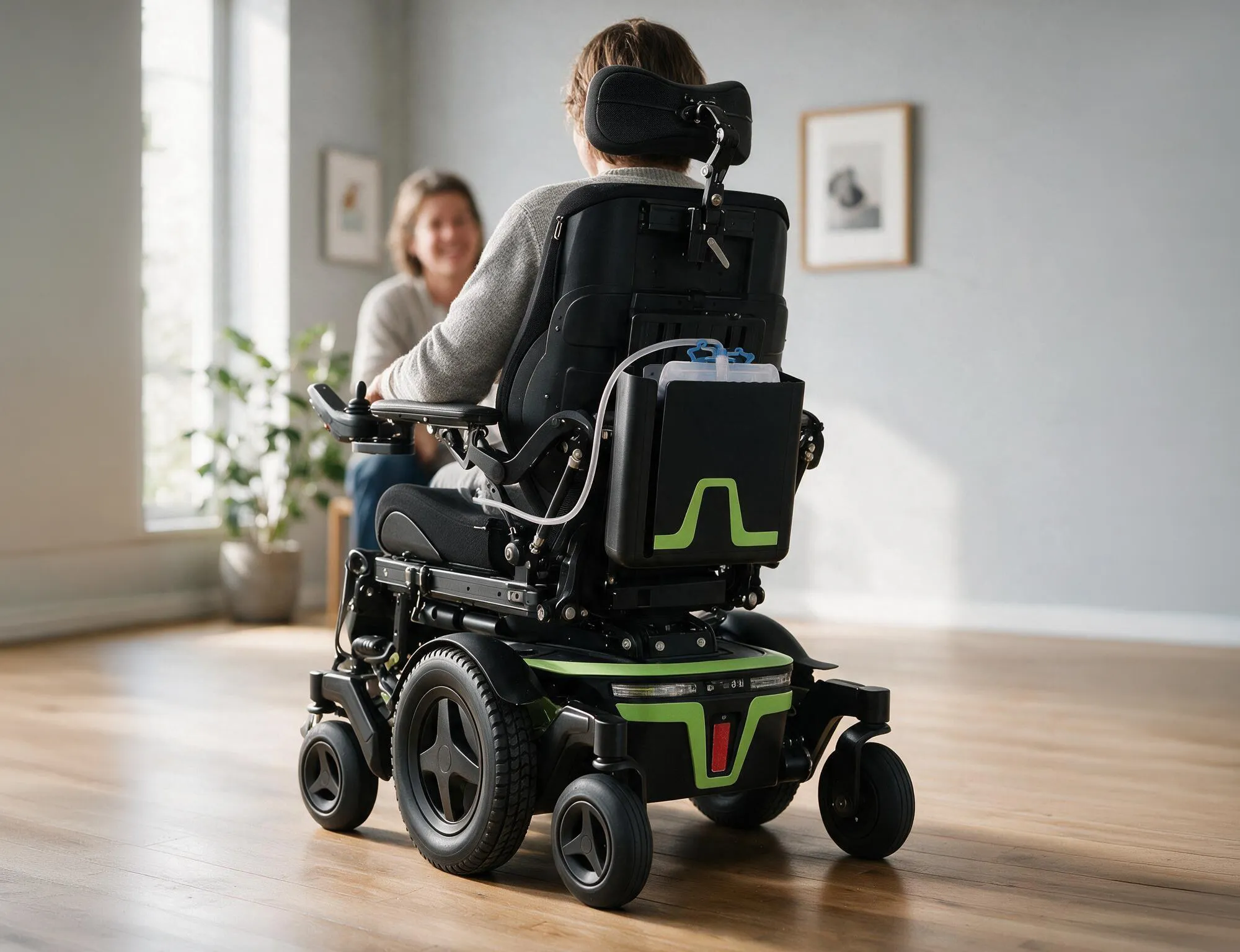 Elektrorollstuhl von hinten in einem hellen Wohnzimmer: An der Rückenlehne sitzt der Flowcase, ein mattschwarzer Halter mit grüner Akzentlinie. Die Person im Rollstuhl unterhält sich mit einer lächelnden Person gegenüber.