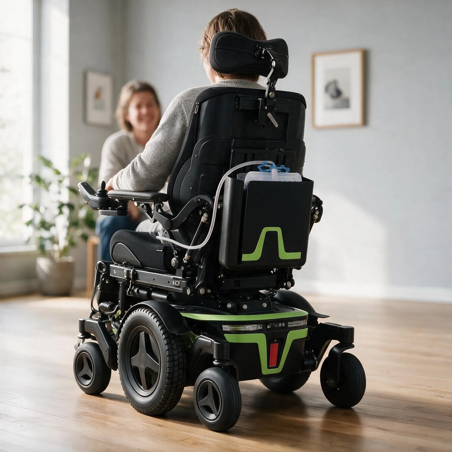 Elektrorollstuhl von hinten in einem hellen Wohnzimmer: An der Rückenlehne sitzt der Catback, ein mattschwarzer Halter mit grüner Akzentlinie. Die Person im Rollstuhl unterhält sich mit einer lächelnden Person gegenüber.