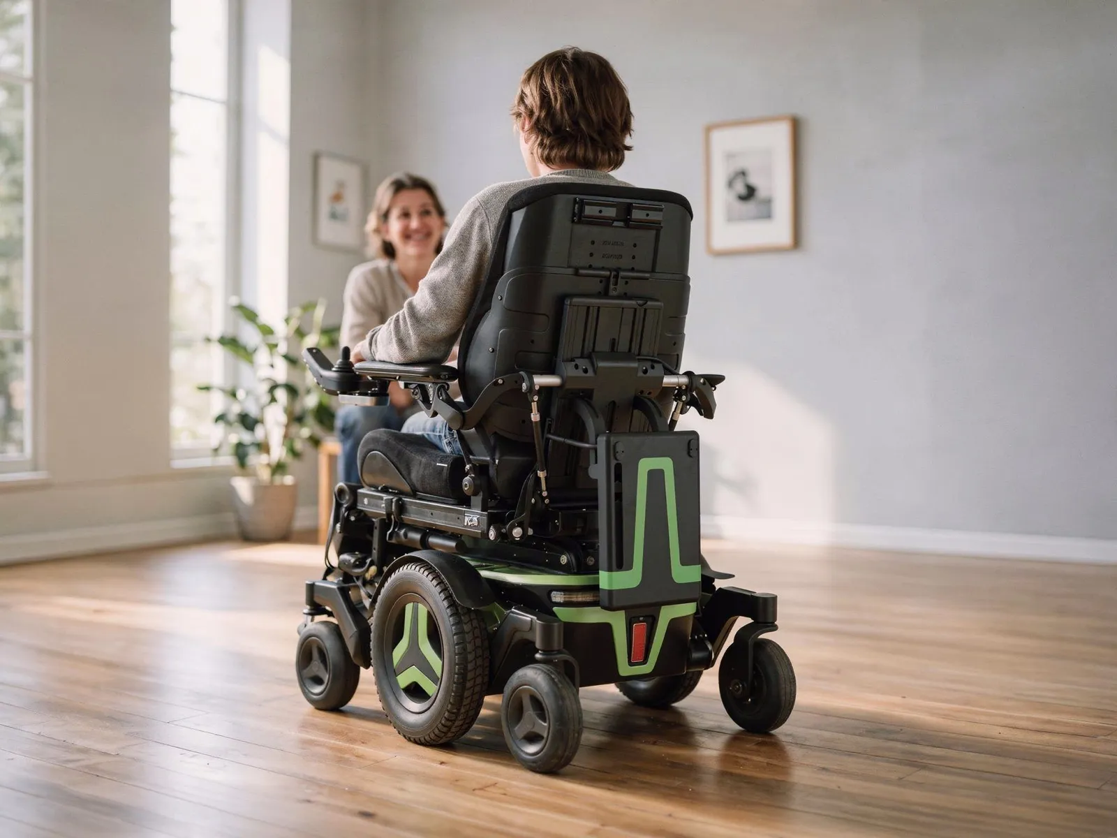 Elektrorollstuhl von hinten in einem hellen Wohnzimmer, am Rücken der Flowcase mit grünem Motiv. Die Person im Rollstuhl unterhält sich mit einer lächelnden Person gegenüber.