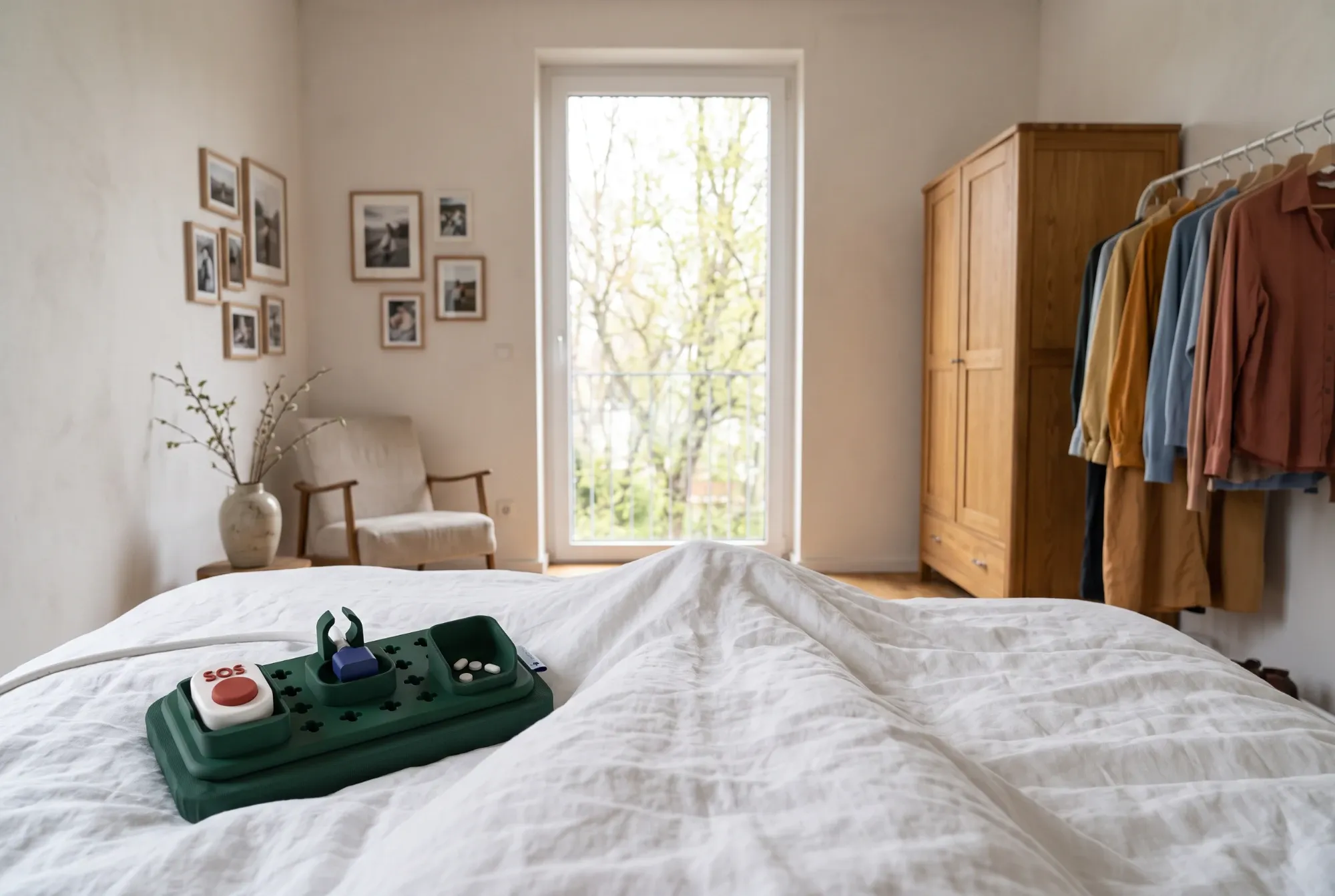 Blick aus dem Bett: Auf der weißen Leinendecke liegt der Steady in Dunkelgrün, mit Notrufknopf, Trinkschlauchhalter und Tablettenschale. Dahinter ein helles Schlafzimmer mit Fenster, Holzschrank und Kleiderstange.