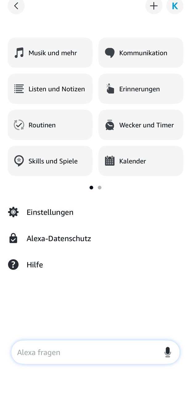 Alexa-App, „Mehr“-Menü mit Kacheln für Musik, Kommunikation, Listen und Routinen.