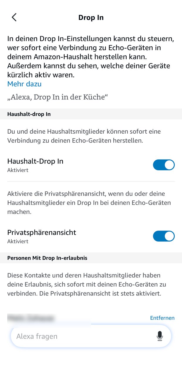Drop-In-Einstellungen mit den Schaltern für Haushalt-Drop In und Privatsphärenansicht.