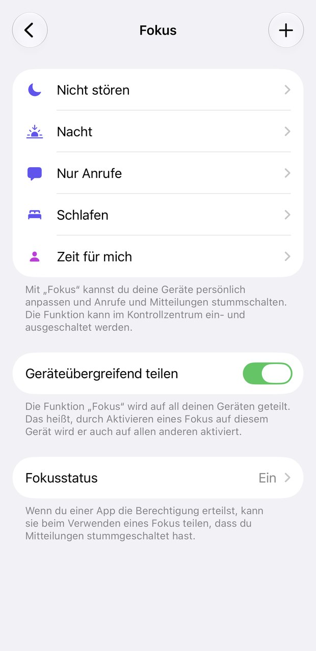 Fokus-Übersicht mit „Nicht stören“, „Nacht“, „Nur Anrufe“ und „Schlafen“.